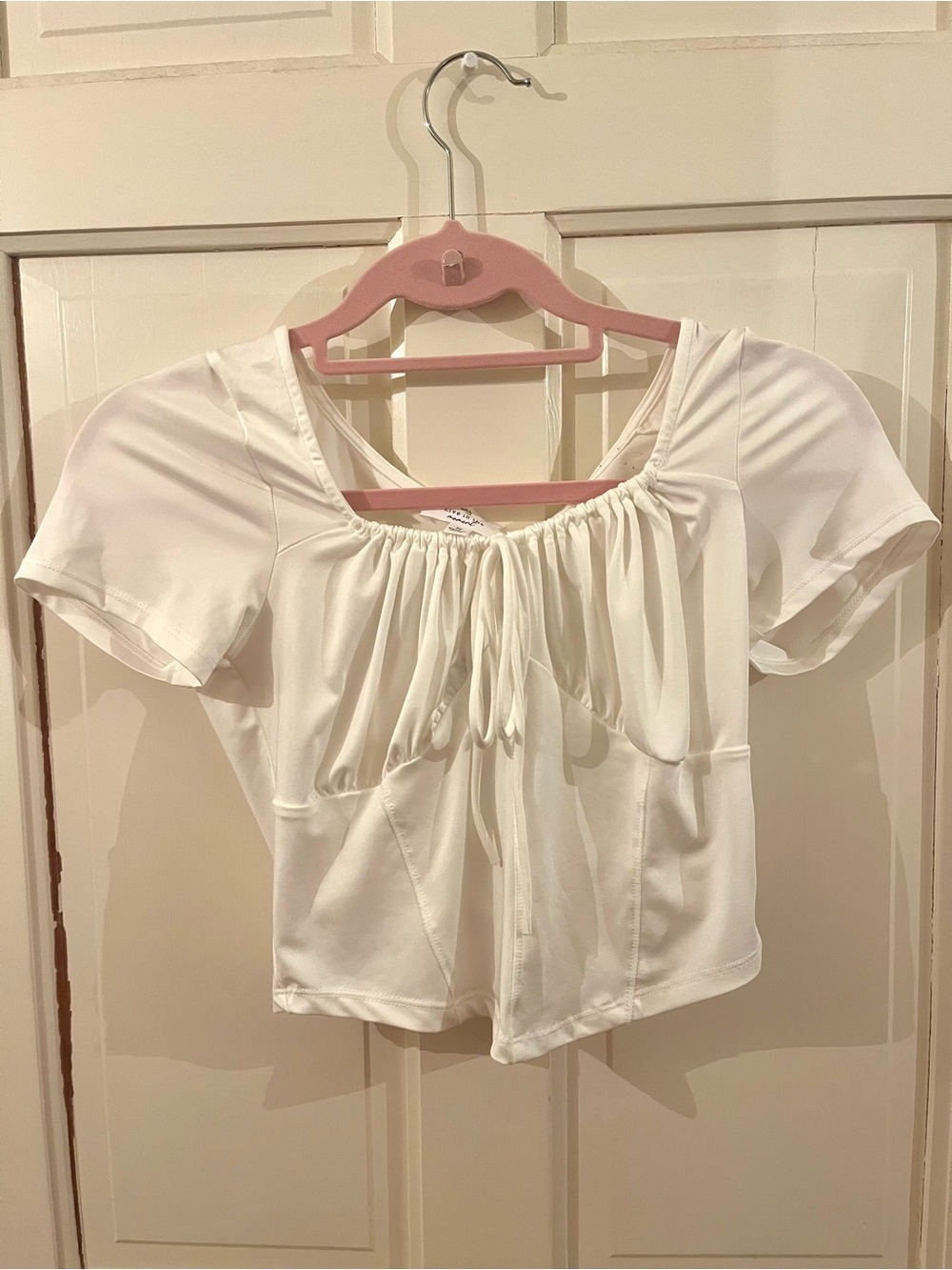 Cottage Core Stretchy Corset White Short Sleeve Drawstring Peasant Top Women’s M